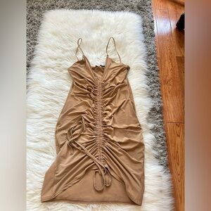 Tan Ruched Midi Dress